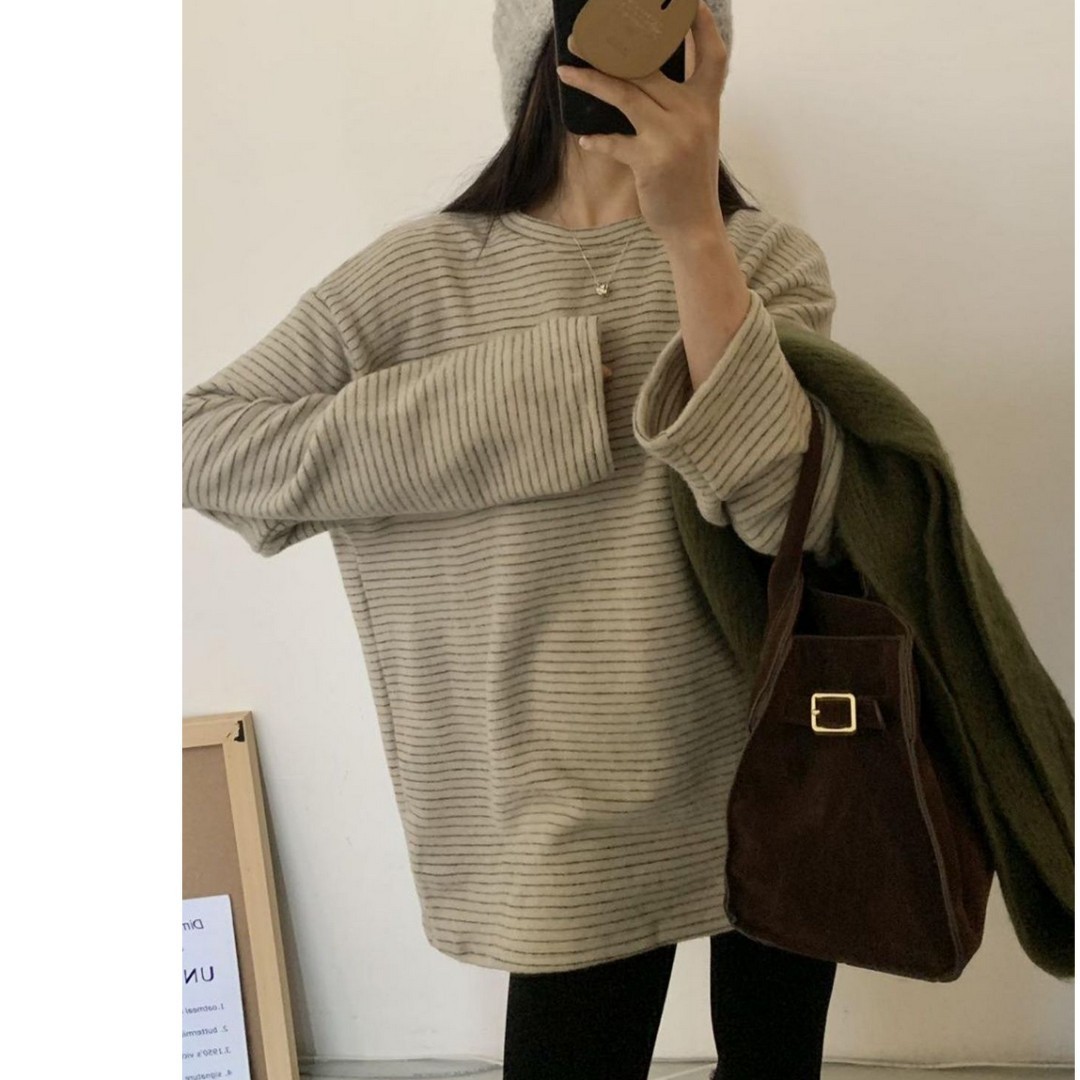 中长款加厚磨毛绒衫秋冬季条纹设计感软糯保暖长袖t恤衫圆领上衣