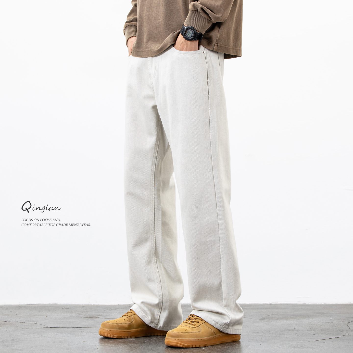 米白色微喇牛仔裤男直筒宽松潮流休闲百搭高级秋季新款裤子青少年