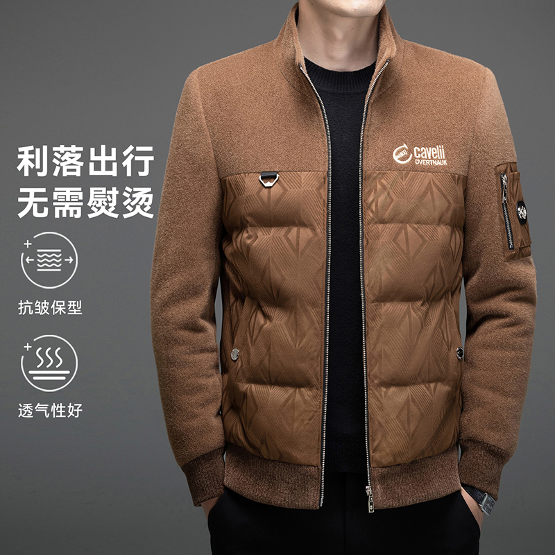 老爷车雪尼尔面料提花拼接男士立领时尚棉衣冬季新款中青年潮流男