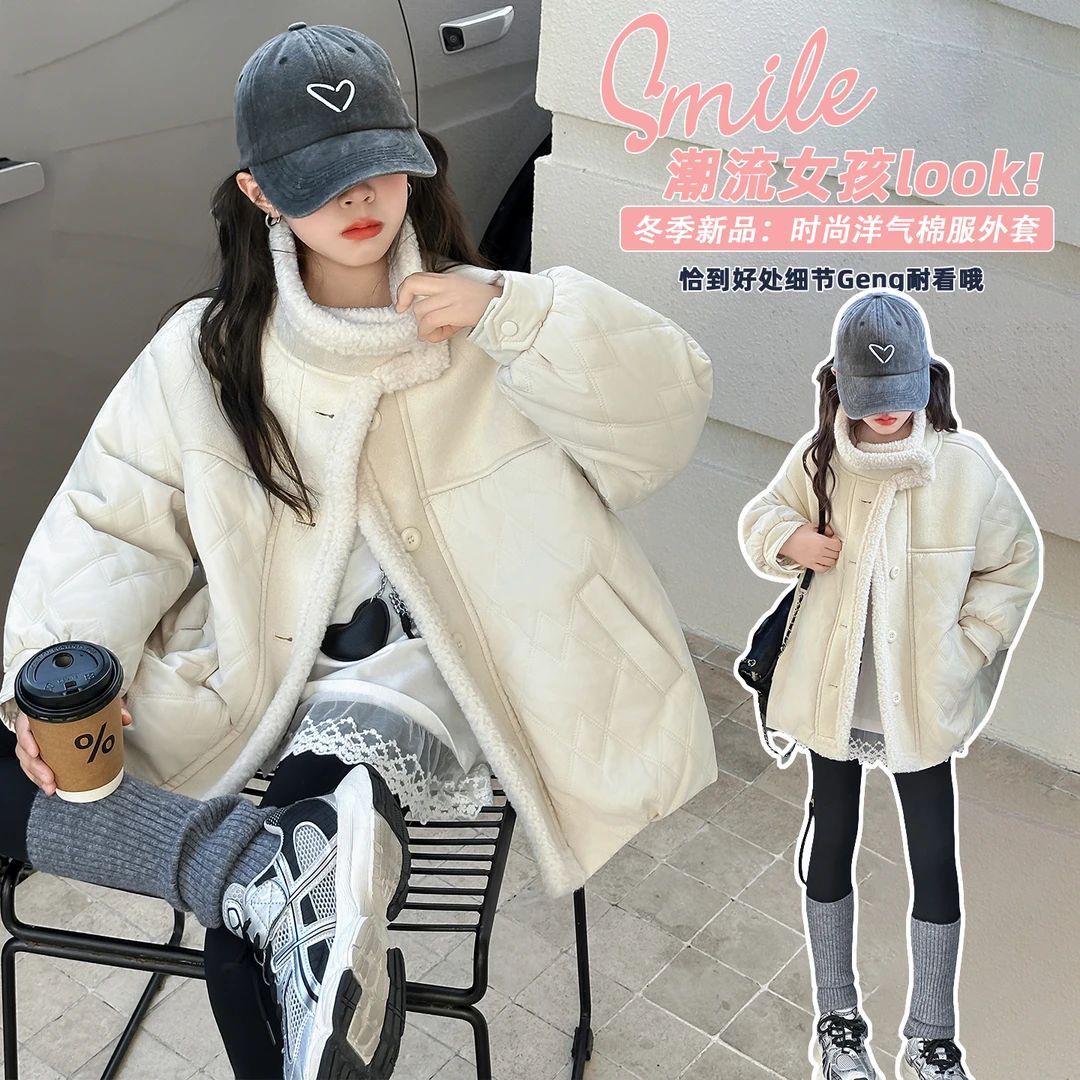 女童翻领公主风纯色棉服2025秋冬款中大童时尚风厚款蓄热女童外套