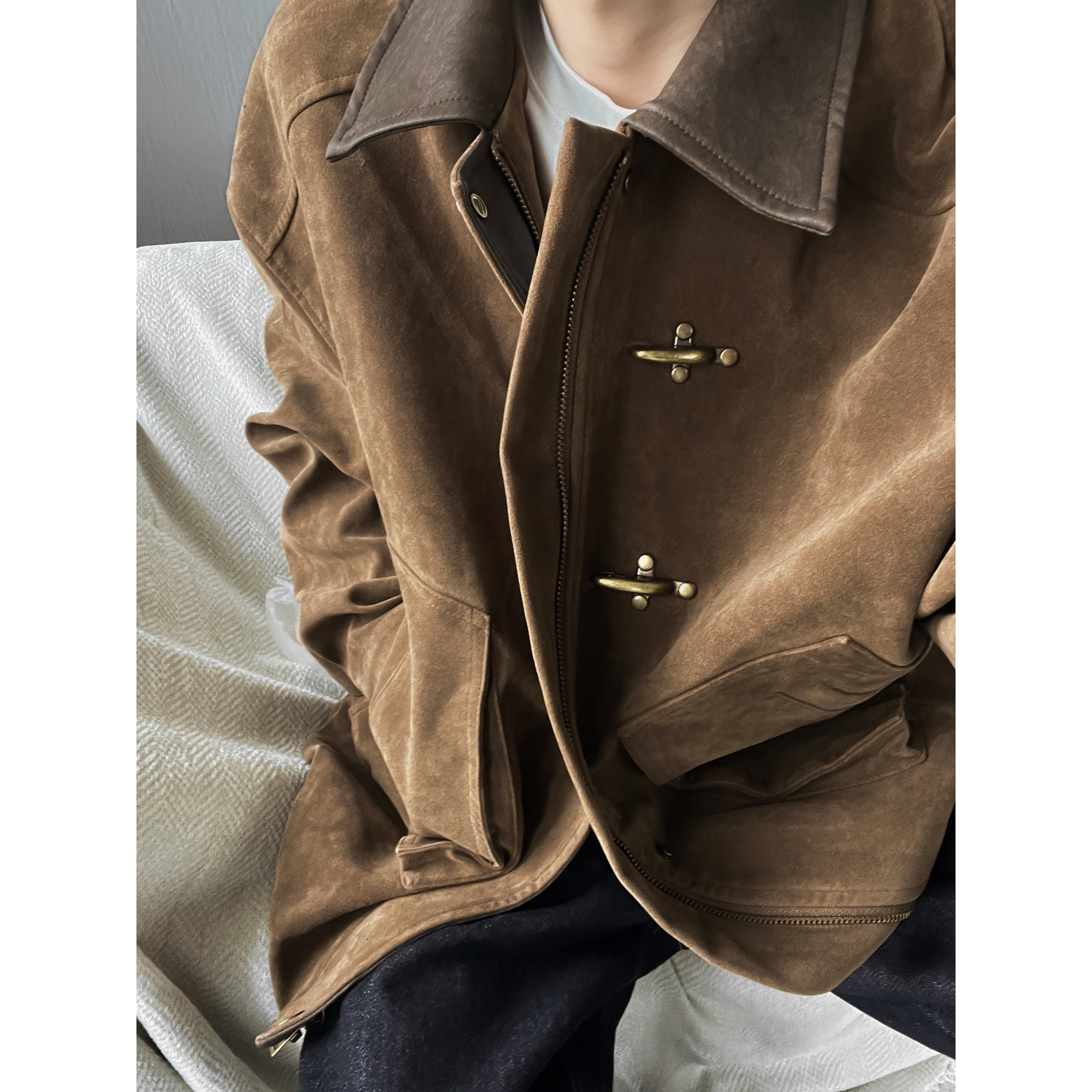 FANGWANG美式拼接皮领巴恩风大口袋飞机扣工装夹克痞帅短款外套