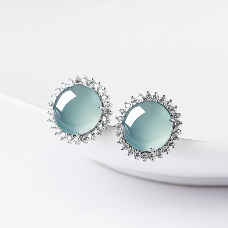 S925银镶天然A货翡翠蓝水耳钉耳坠玉石耳环高档时尚耳饰 多样性发