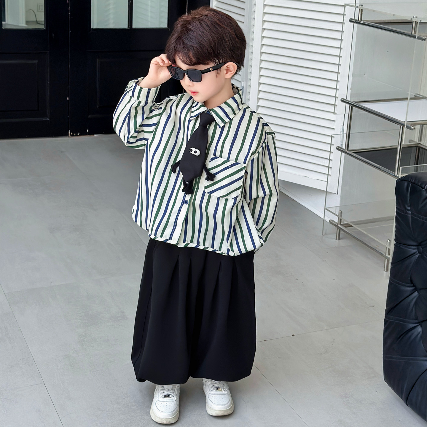 儿童韩版衣服2025新款秋季潮酷男童套装男孩春秋装宝宝衬衫两件套
