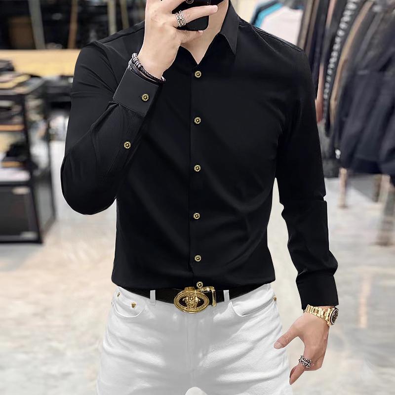 高档免烫抗皱商务衬衫长袖男士休闲修身显瘦遮肉弹力无痕高端衬衣