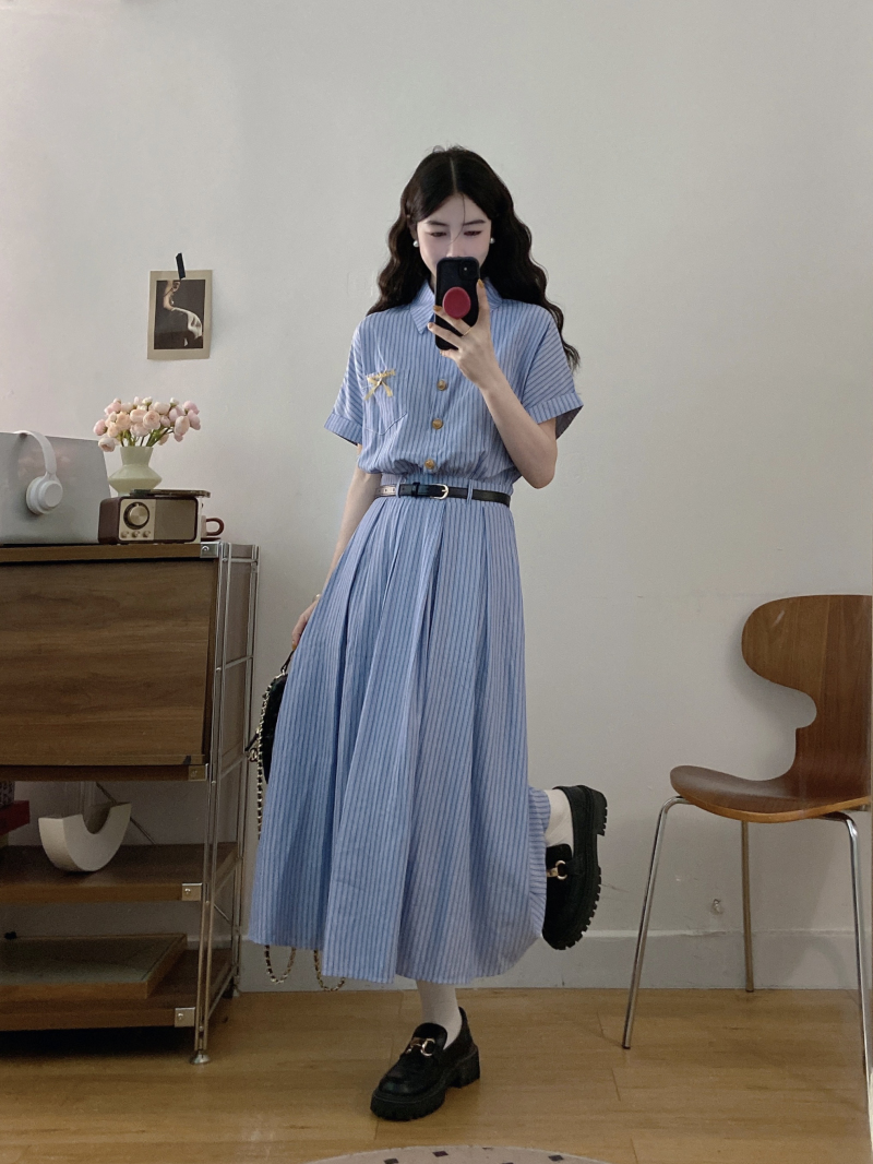 大码女装2025夏季新款百搭显瘦文艺蓝色连衣裙女装面试裙子