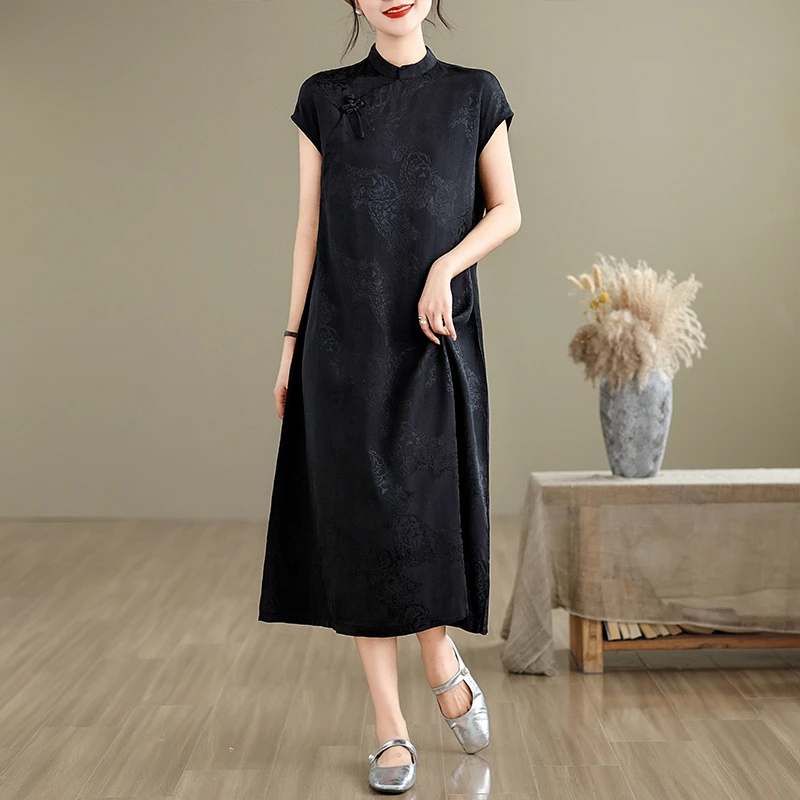 2530#夏季新中式提花盘扣黑色旗袍裙女中长款宽松气质显瘦连衣裙