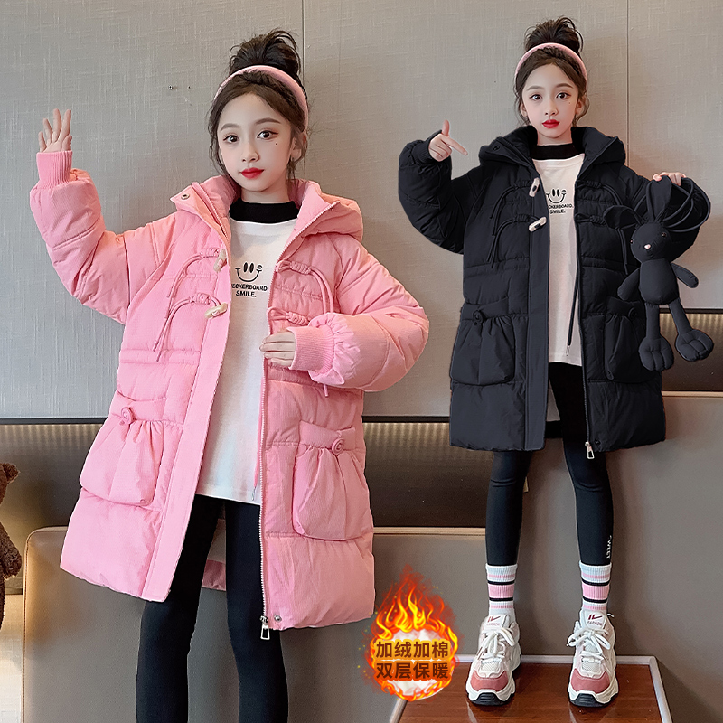 女童棉服2025新款冬韩系超好看中长款棉衣加绒加厚派克服棉袄冬季