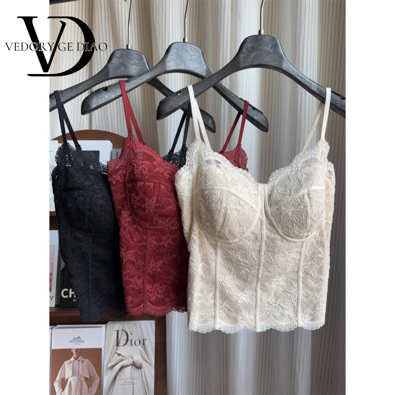 维多利亚秋冬磨毛法式蕾丝纯欲吊带美背一体杯免穿文胸女修身显瘦