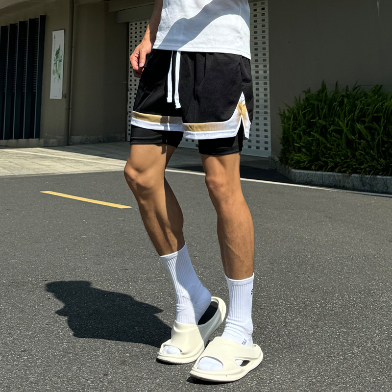 美式双层运动休闲短裤透气网眼球裤假两条健身训练防走光弹力内衬