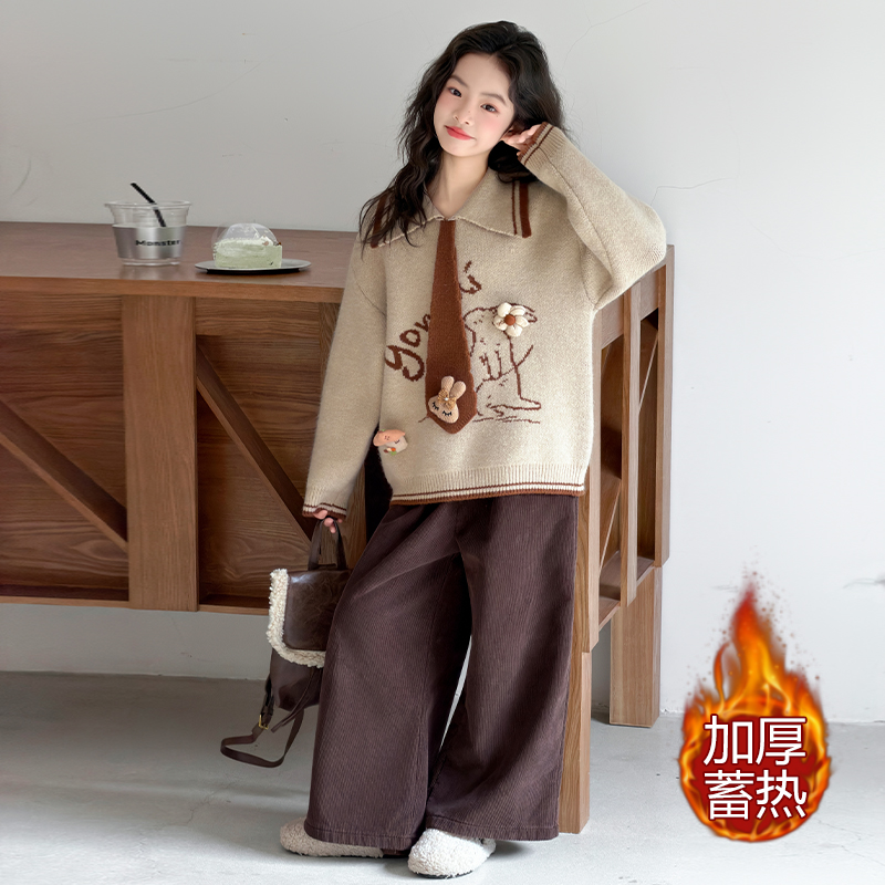 女童加绒套装秋冬款2025新款6-12岁中大童潮款卡通毛衣加厚休闲裤