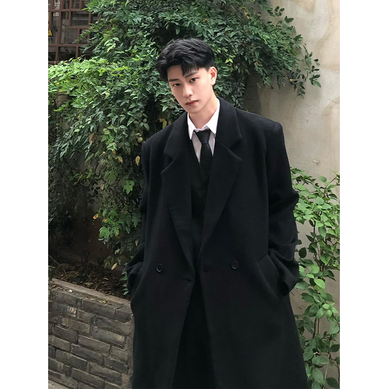 黑色毛呢大衣男款秋冬韩系穿搭中长款高个子风衣cleanfit正肩外套