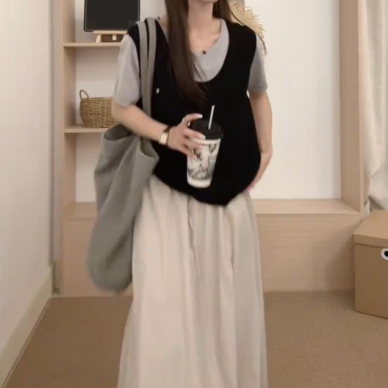 大方得体穿搭一整套装女夏季新款假两件短袖上衣高腰半身裙两件套