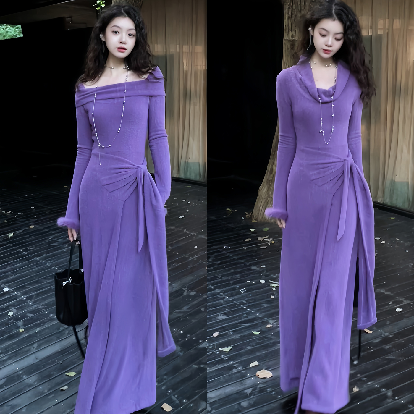 2025秋冬设计感千金风一字肩长裙显瘦内搭加绒连衣裙