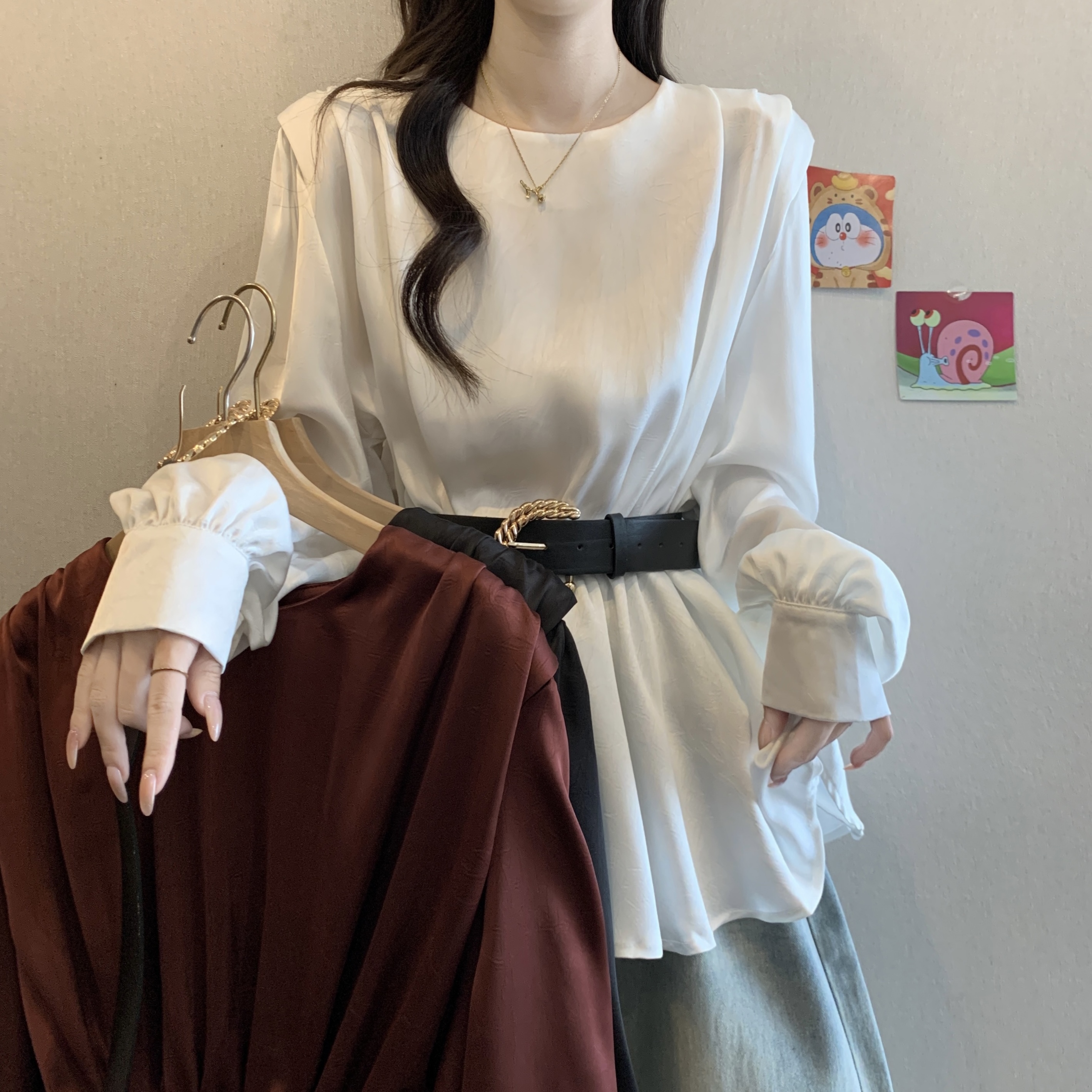 高级感轻奢缎面长袖衬衫女2025秋季新款胖MM气质收腰显瘦遮肚上衣