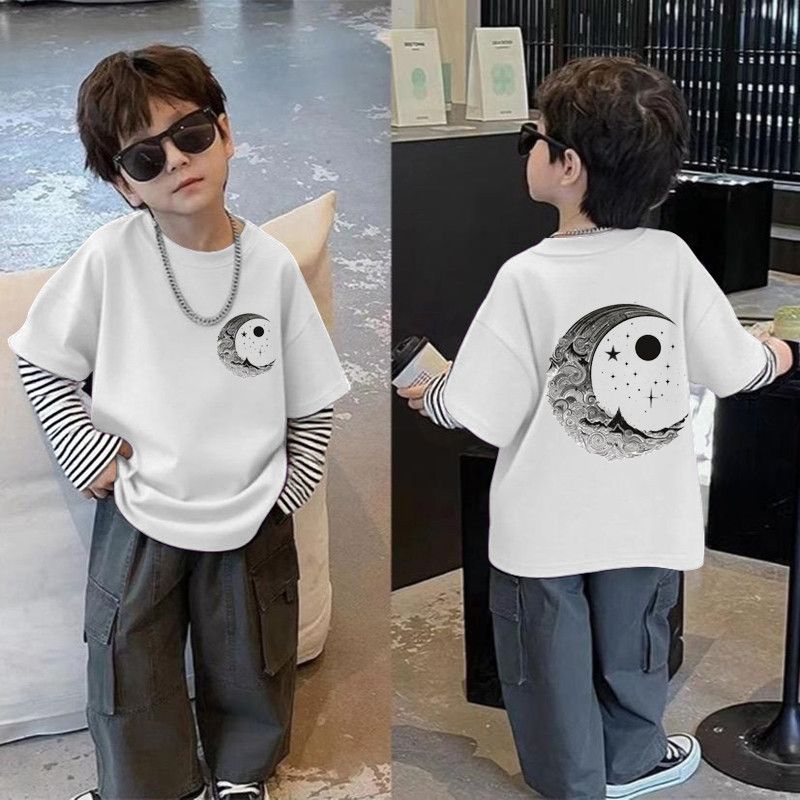 纯棉长袖T恤假两件2025新款儿童打底衫男童春秋装宝宝上衣外穿潮t