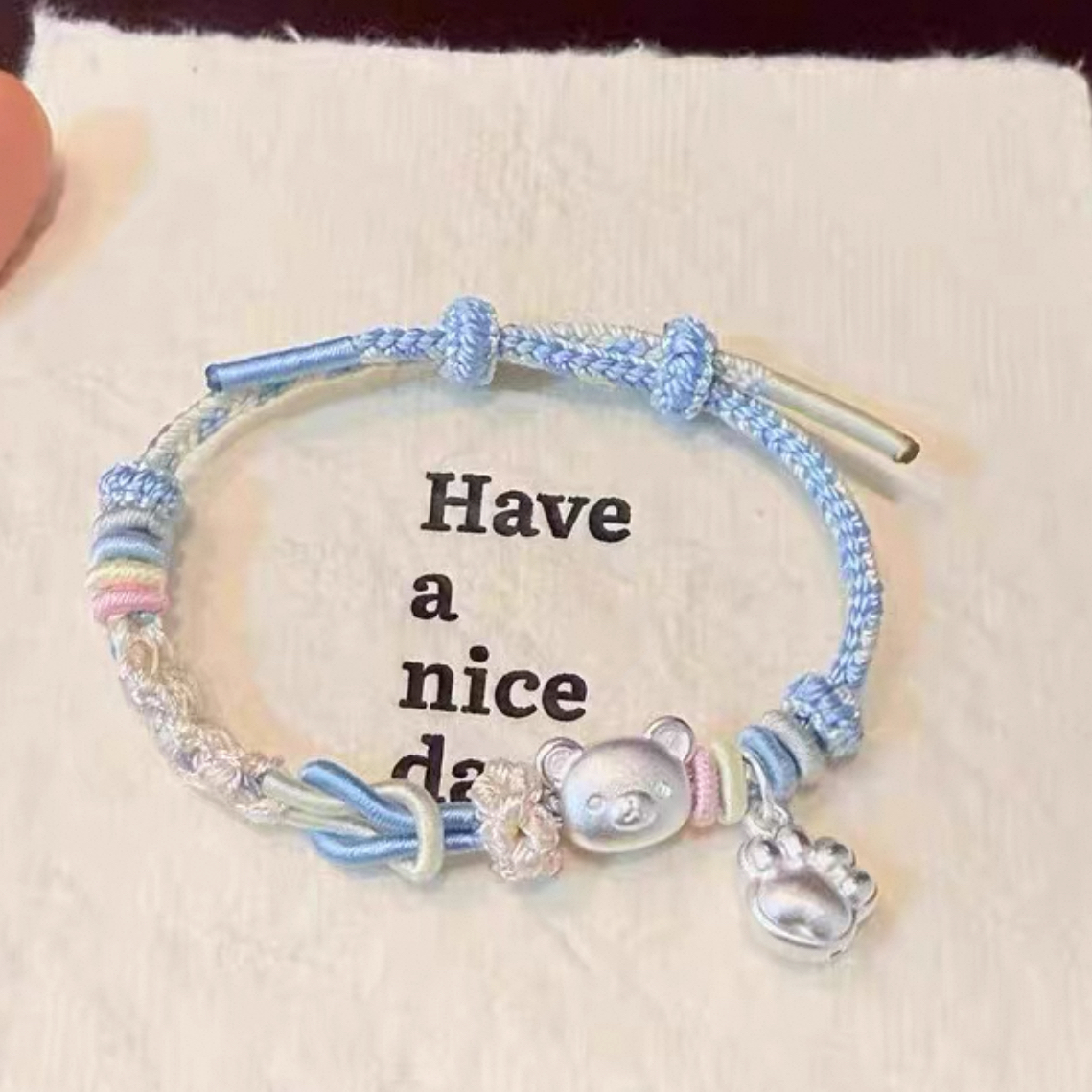 足银布艺手链 足银999轻松熊编绳手作手链项链可爱情侣闺蜜同款