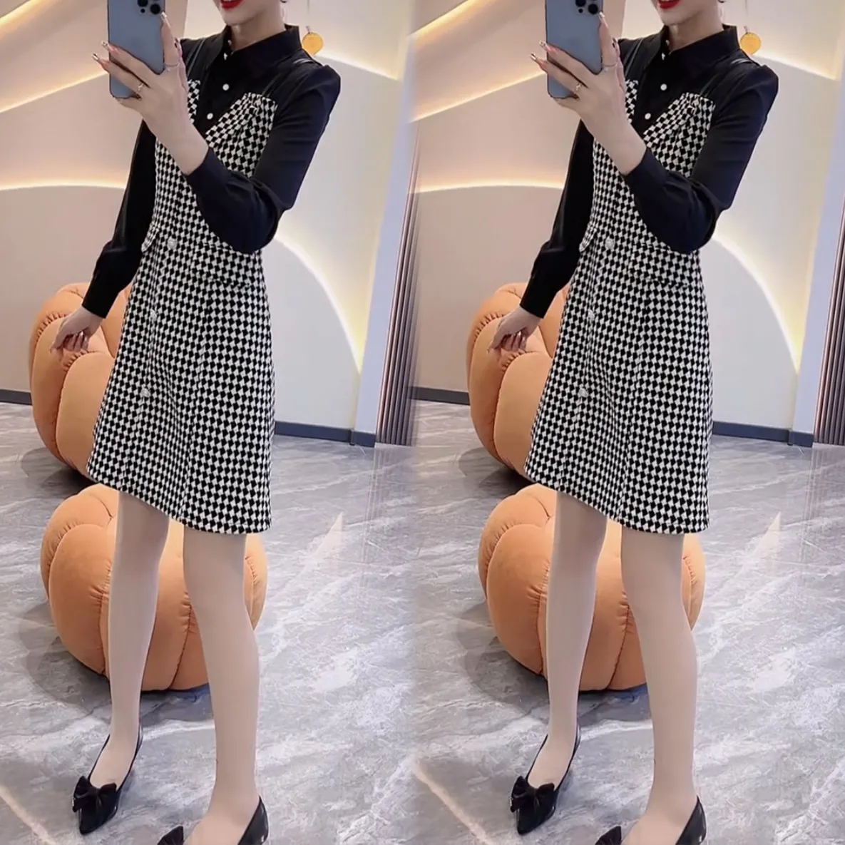 小个子翻领洋气连衣裙女2025秋季新款遮肉收腰假两件显瘦a字裙子