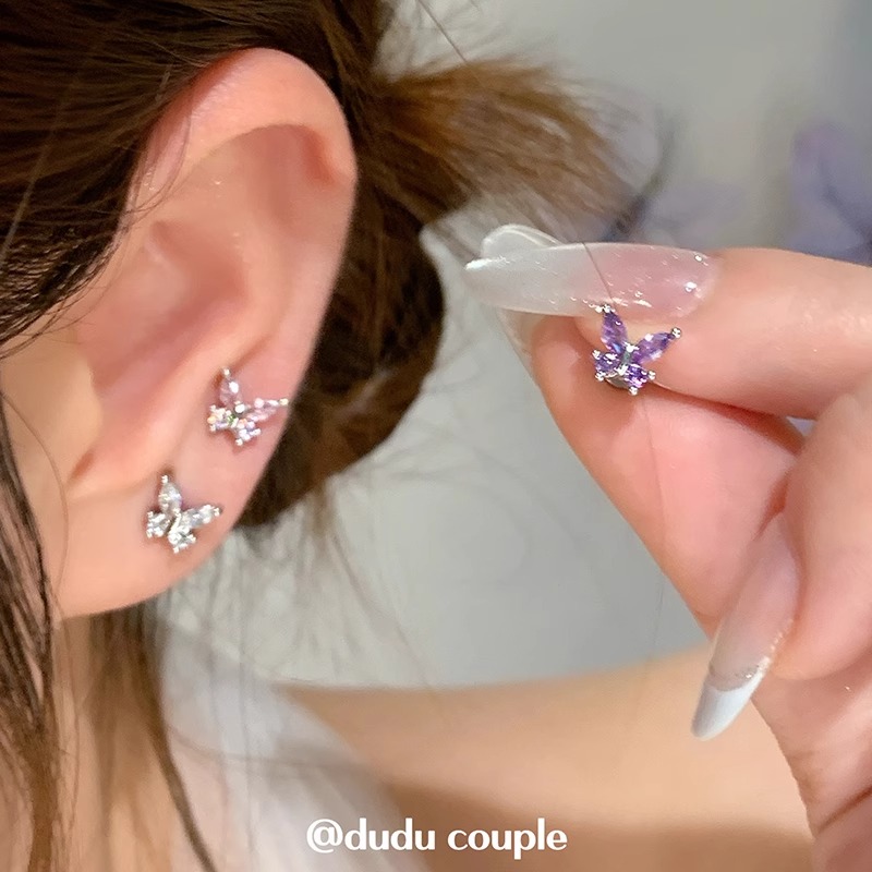 合金耳饰 钛合金耳钉养耳洞1.2粗内螺旋免摘超闪蝴蝶耳蜗耳骨钉女