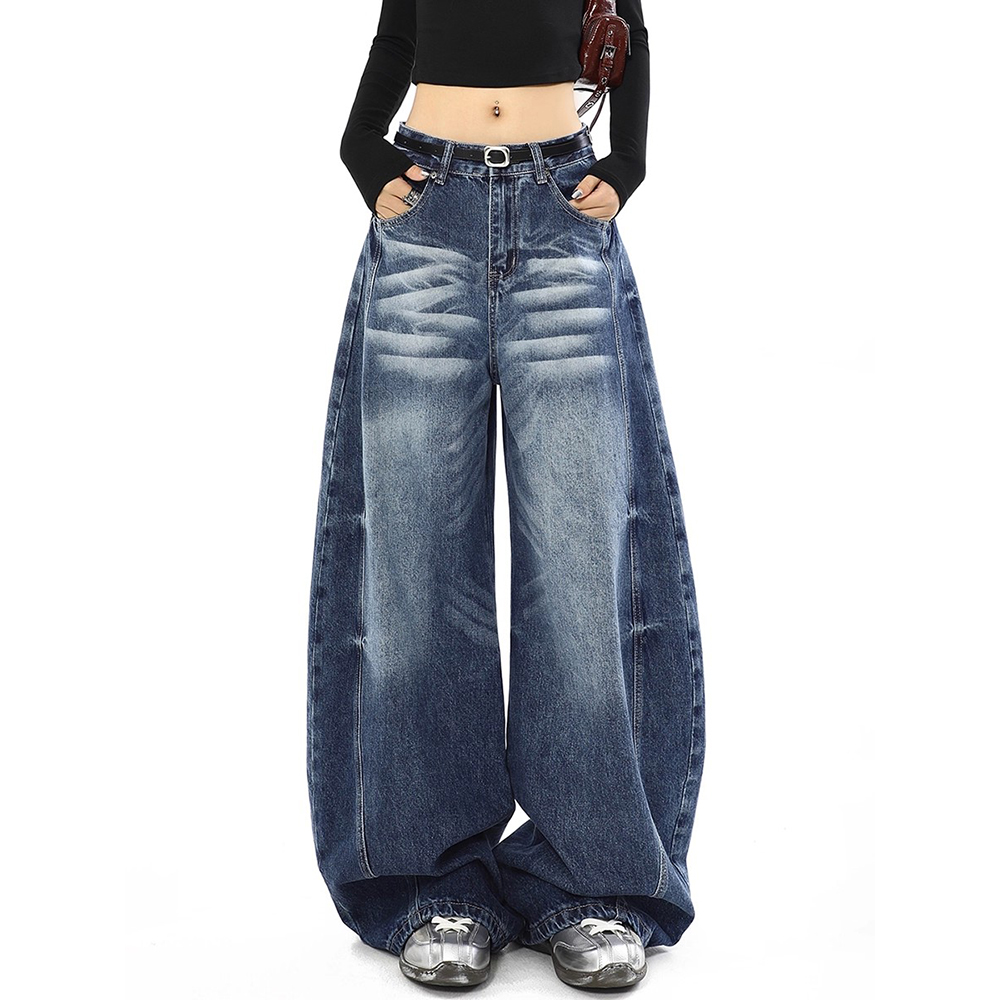 蓝色弯刀牛仔裤女秋季新款美式复古宽松镰刀裤子做旧直筒阔腿裤子