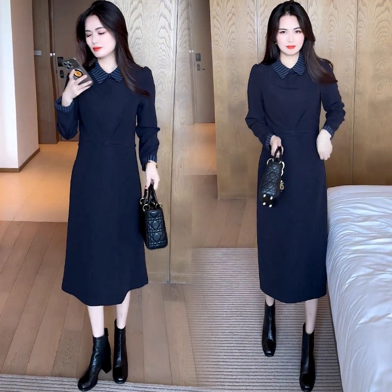 法式时尚连衣裙女2025秋季新款洋气显瘦假两件拼接中长款减龄裙子