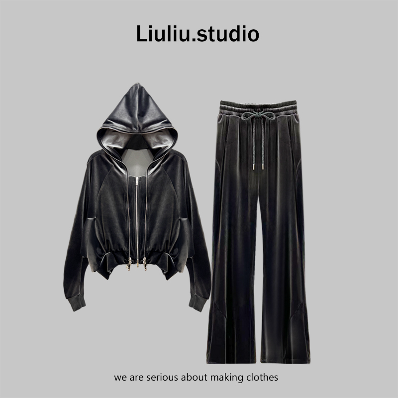 LiuLiu定制【奢感高贵】设计师欧美宽松连帽丝绒外套+显瘦长裤套装
