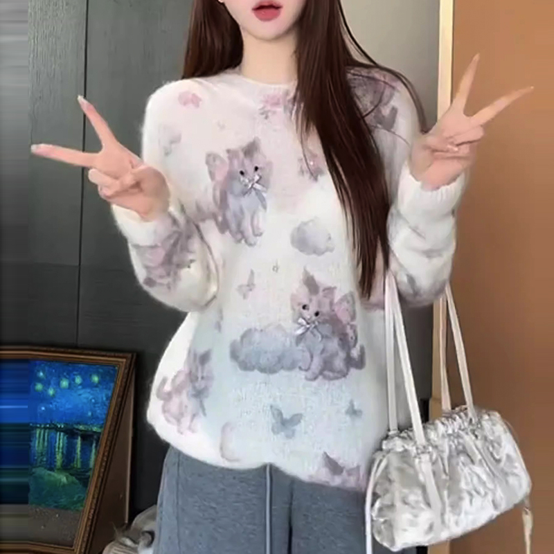 今年流行漂亮毛衣女秋冬季慵懒风猫咪印花钉珠针织衫温柔减龄上衣