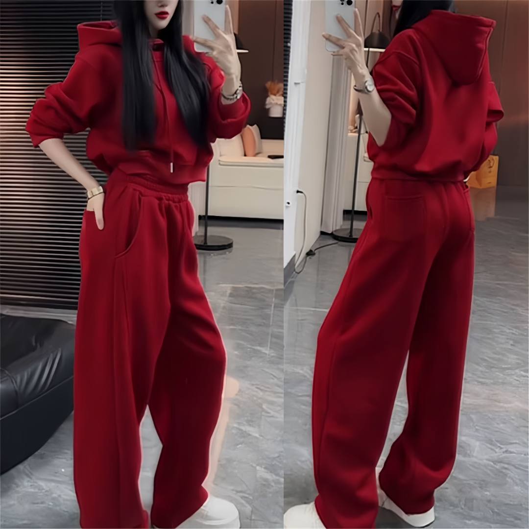 时尚简约休闲套装女2024秋冬新款纯色长袖连帽卫衣弯刀裤两件套潮
