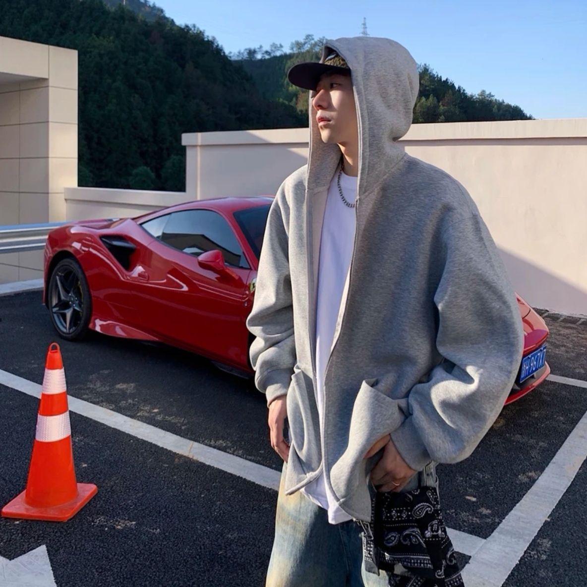 双11灰色连帽卫衣外套男款秋冬季重磅双拉链开衫宽松百搭休闲上衣