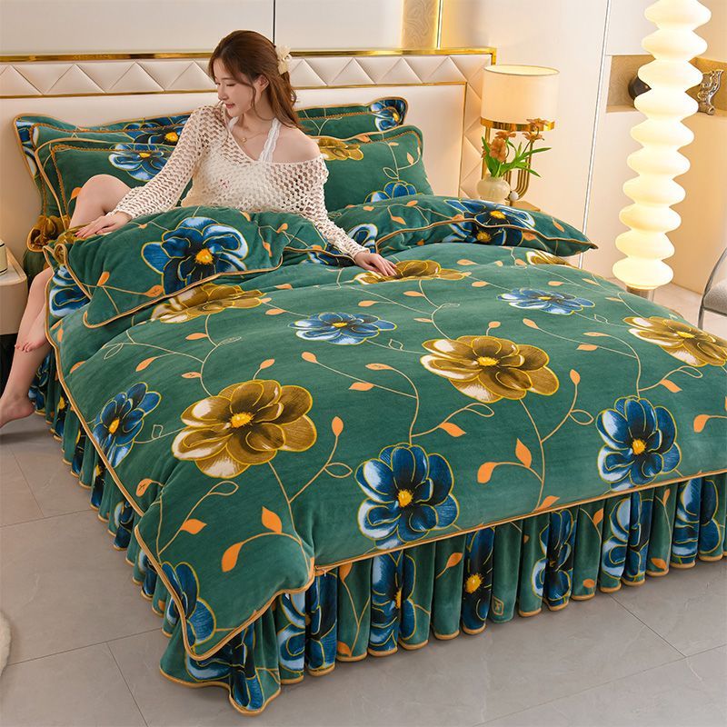 新款加厚牛奶绒床裙四件套床上珊瑚绒双面被套冬季法莱绒保暖床单