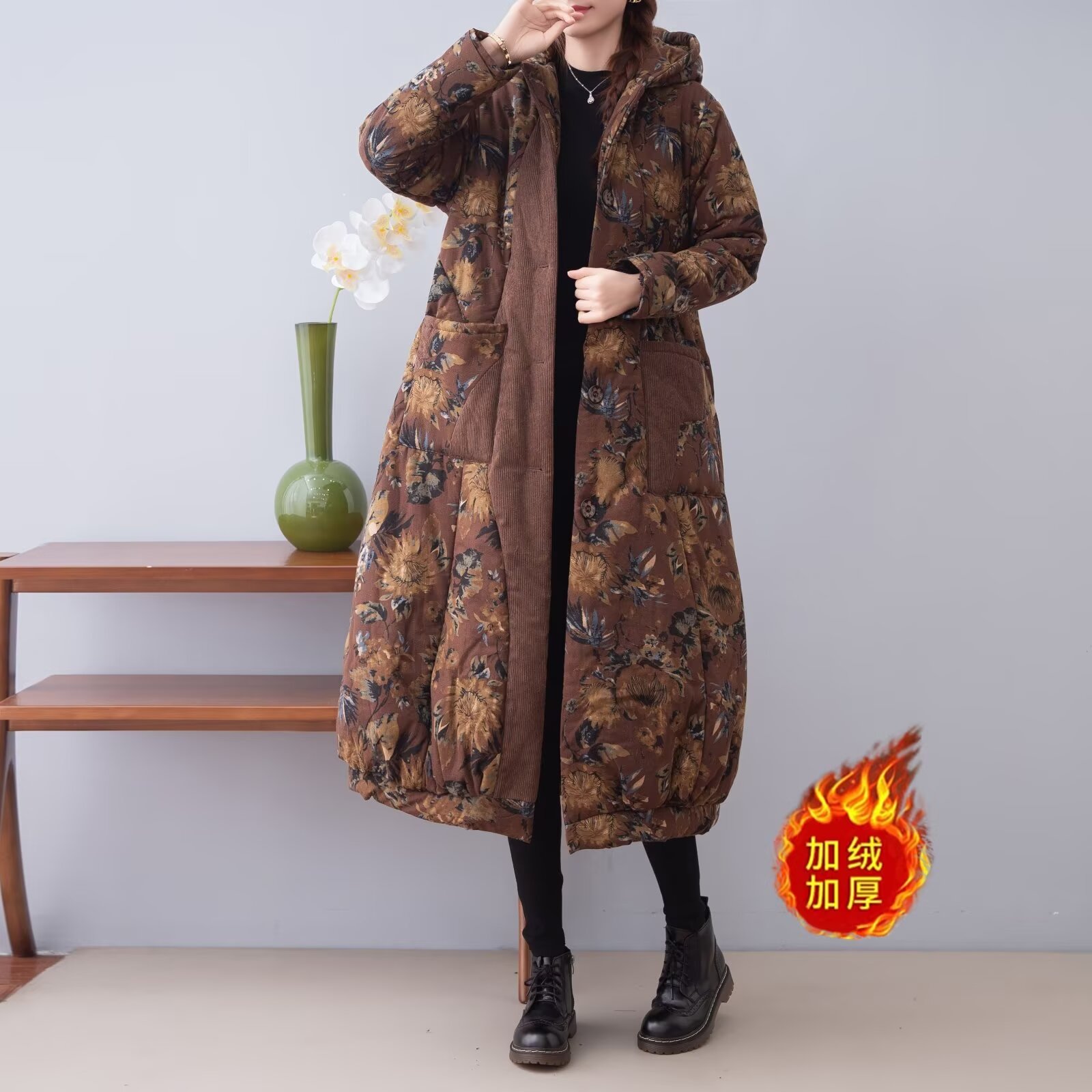 朵朵-冬款花苞棉衣加绒加厚连帽外套复古显瘦长款时尚风衣保暖