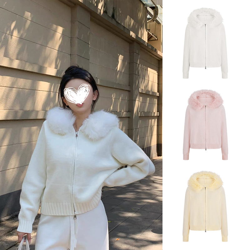 Moses Queen/魔西女王大毛领双拉链毛衣外套宽松加厚连帽针织开衫