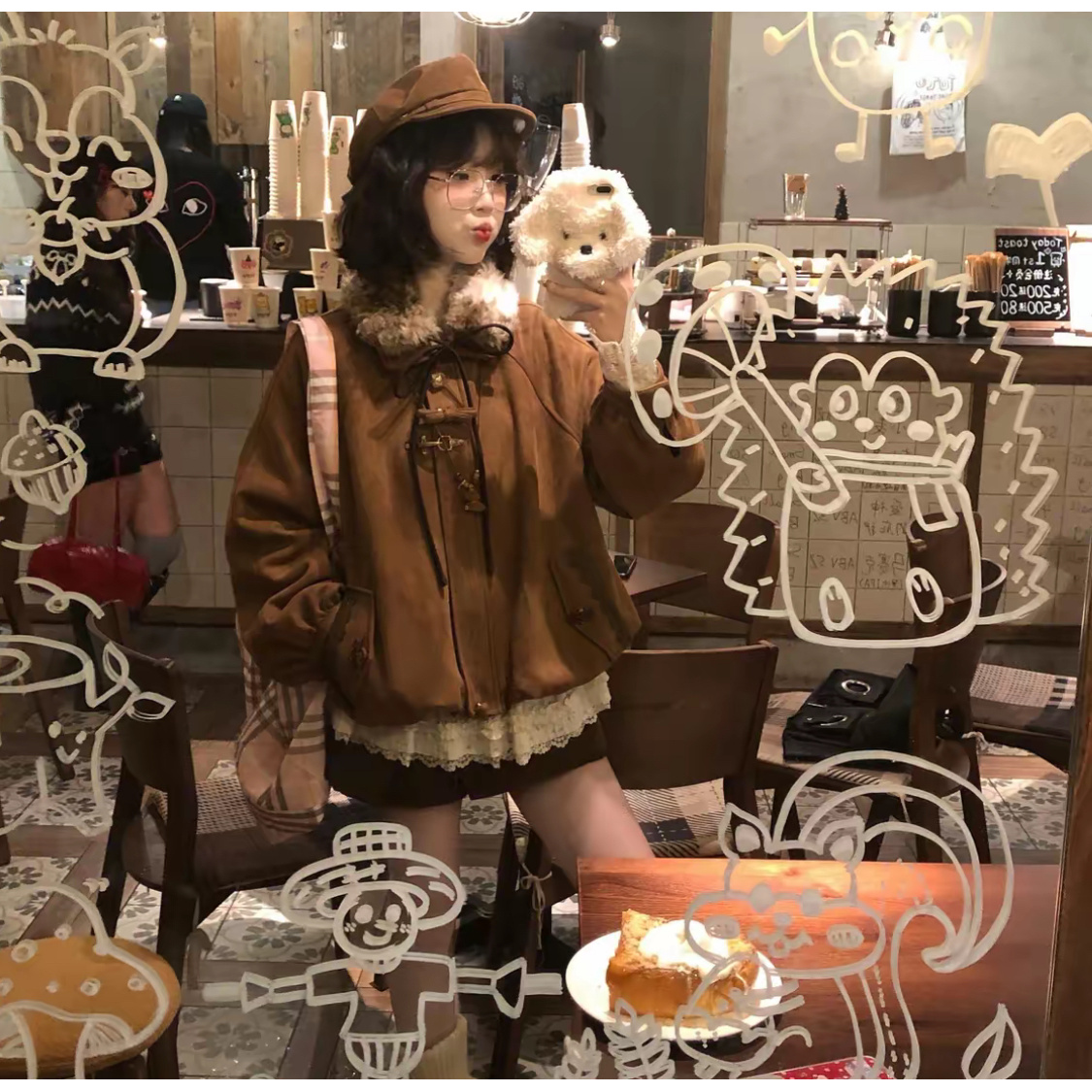 日系复古学院风毛领加厚麂皮外套女秋冬季小个子显瘦保暖夹克上衣