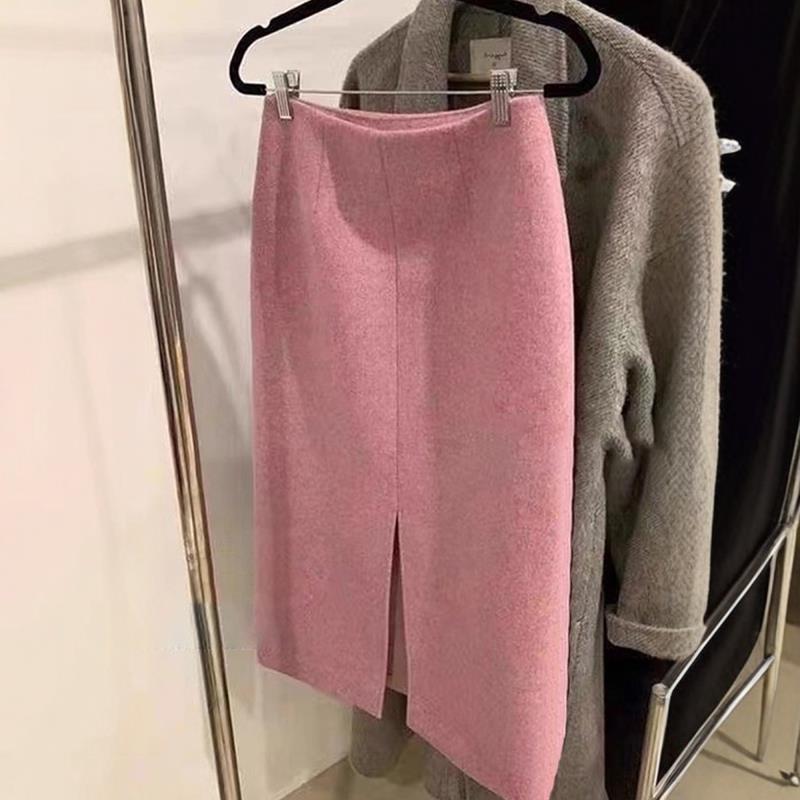 重磅推荐！复古粉色毛呢半身裙女秋冬设计感开叉直筒高腰长裙子潮