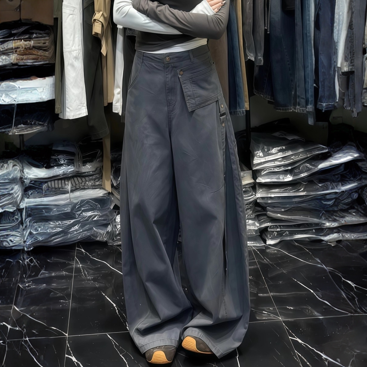 原创美式复古cleanfit廓形设计感弯刀工装裤女早秋宽松简约休闲裤