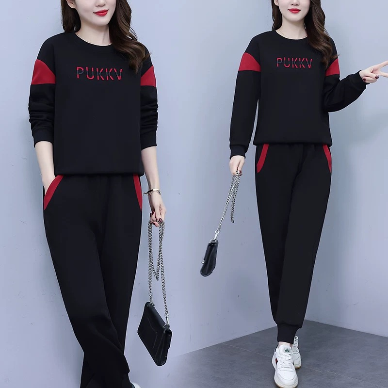 2025秋季新款女装时尚减龄卫衣刺绣大码女休闲两件套加绒穿搭套装