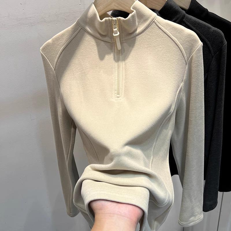 韩系感满满的！新款双面磨毛软糯德绒立领长袖女拉链内搭打底衫潮