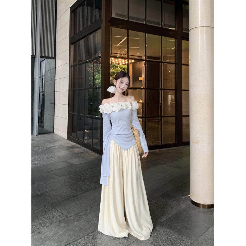 温柔风套装女气质不规则一字肩长袖T恤上衣早秋垂感休闲 裤两件套