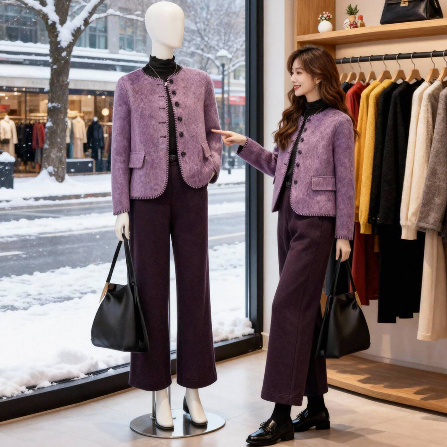 时尚复古加厚保暖外套女2025冬季新款洋气质优雅显瘦直筒裤两件套