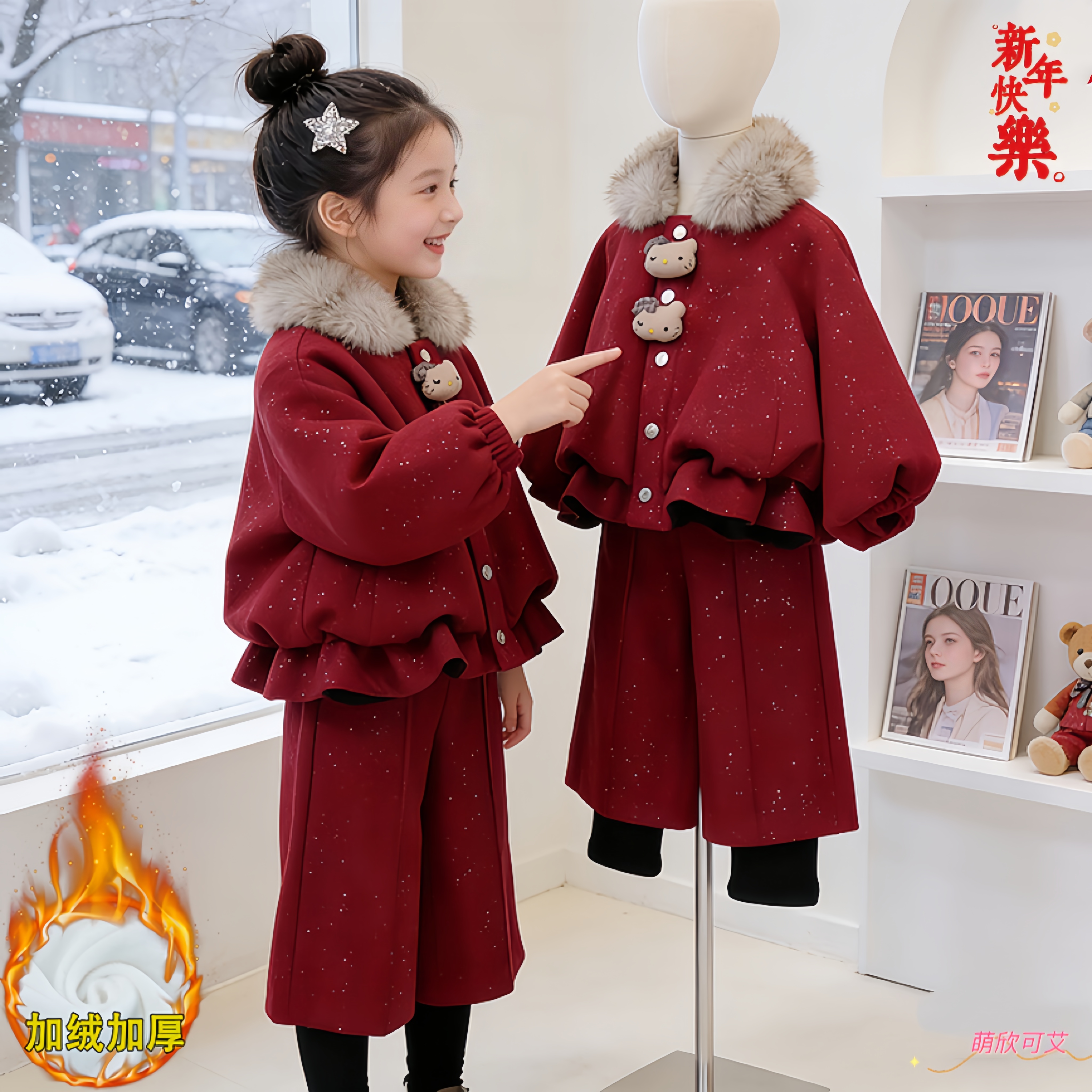 2025女童冬季加绒外套拜年服套装新款毛呢加厚阔腿裤两件套秋冬款