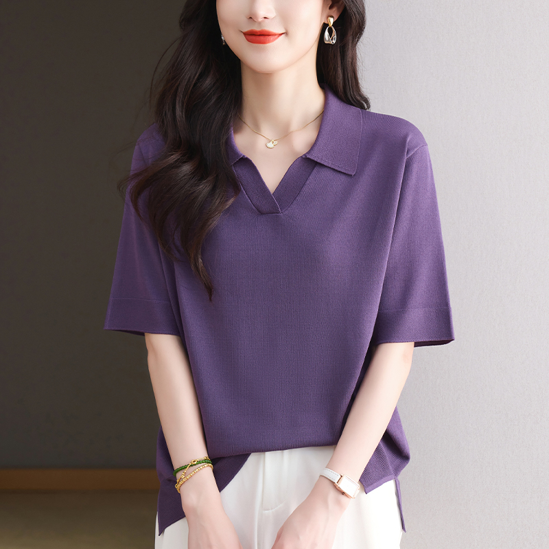 夏装2025新款大码Polo领上衣女宽松显瘦薄款翻领冰丝针织短袖T恤