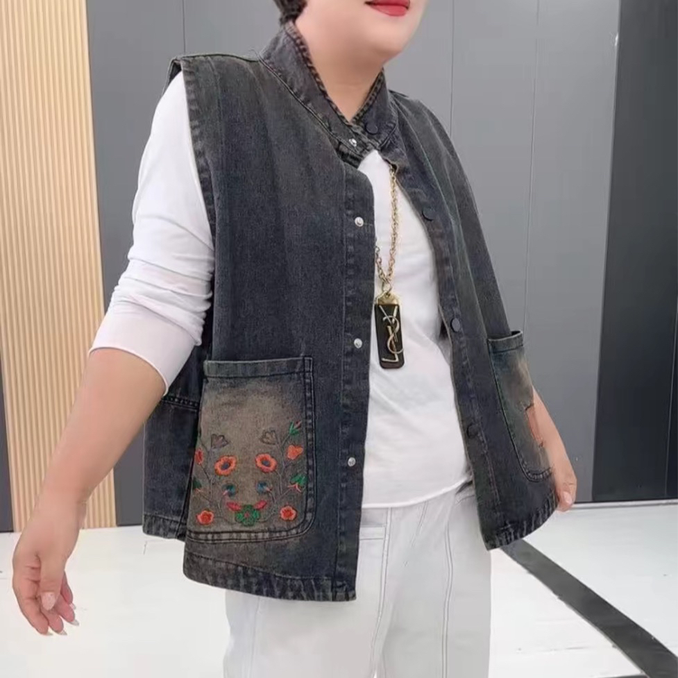 女秋季贴布马夹绣花贴布马甲休闲百搭上衣时尚牛仔复古宽松-1765
