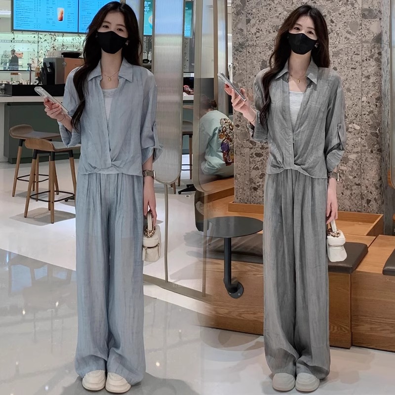 冰丝休闲运动套装女2025夏季新款洋气显瘦防晒短袖衬衫阔腿裤套装