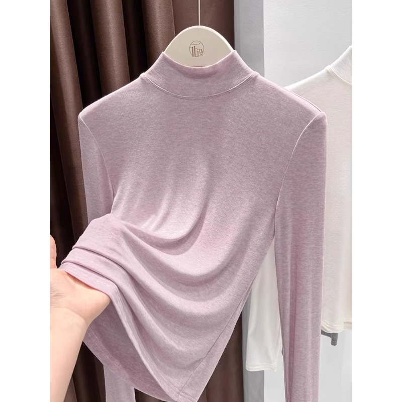 软糯面膜小高领打底衫女秋冬新款内搭可外穿针织长袖粉色高腰t恤