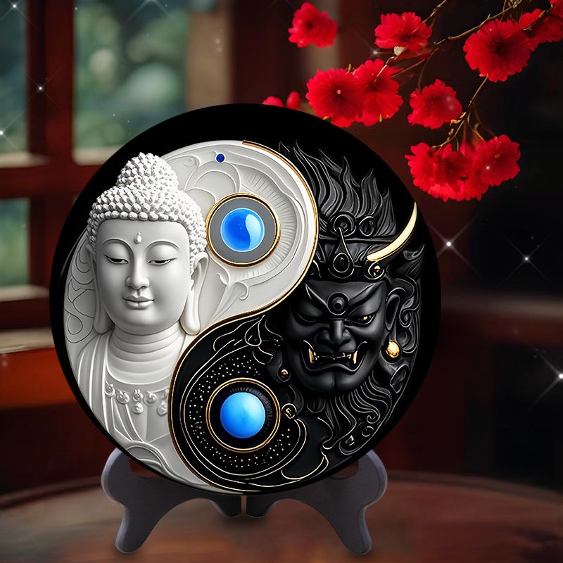 善恶皆在一念之间圆盘摆件房间桌面办公室柜面谨示摆台书房摆设品