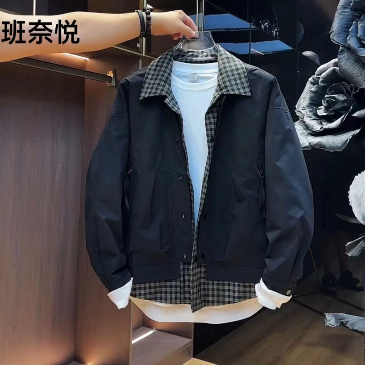 假两件格子拼接翻领外套男士秋冬季韩版潮流青年痞帅休闲工装夹克