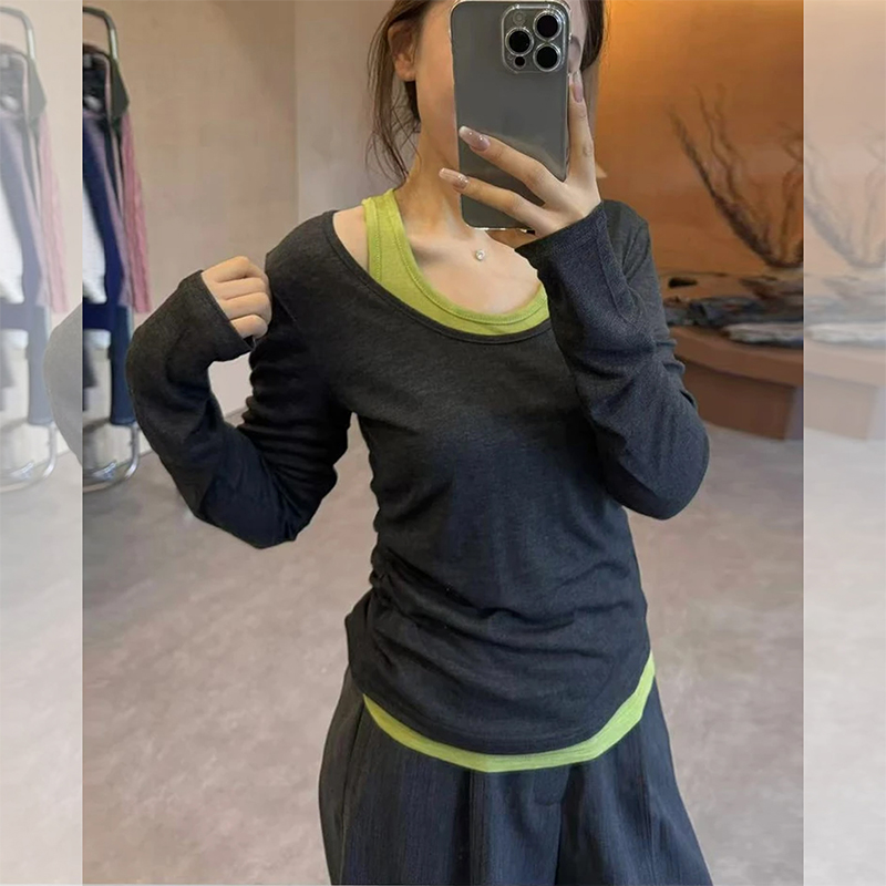 特大码胖mm韩系氛围感圆领长袖T恤女早秋季修身显瘦百搭休闲上衣