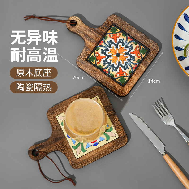 【日式实木花砖隔热垫】家用复古餐垫砂锅耐高温厨房桌垫杯垫