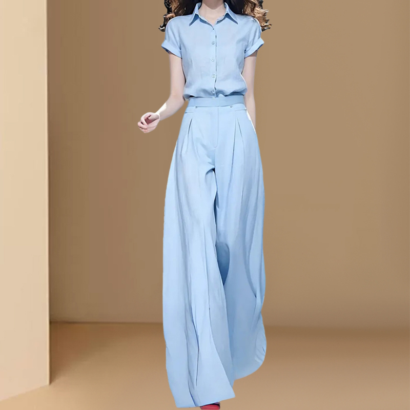 简约搭配一整套时尚御姐气质蓝色短袖衬衫垂感阔腿裤套装夏季新款