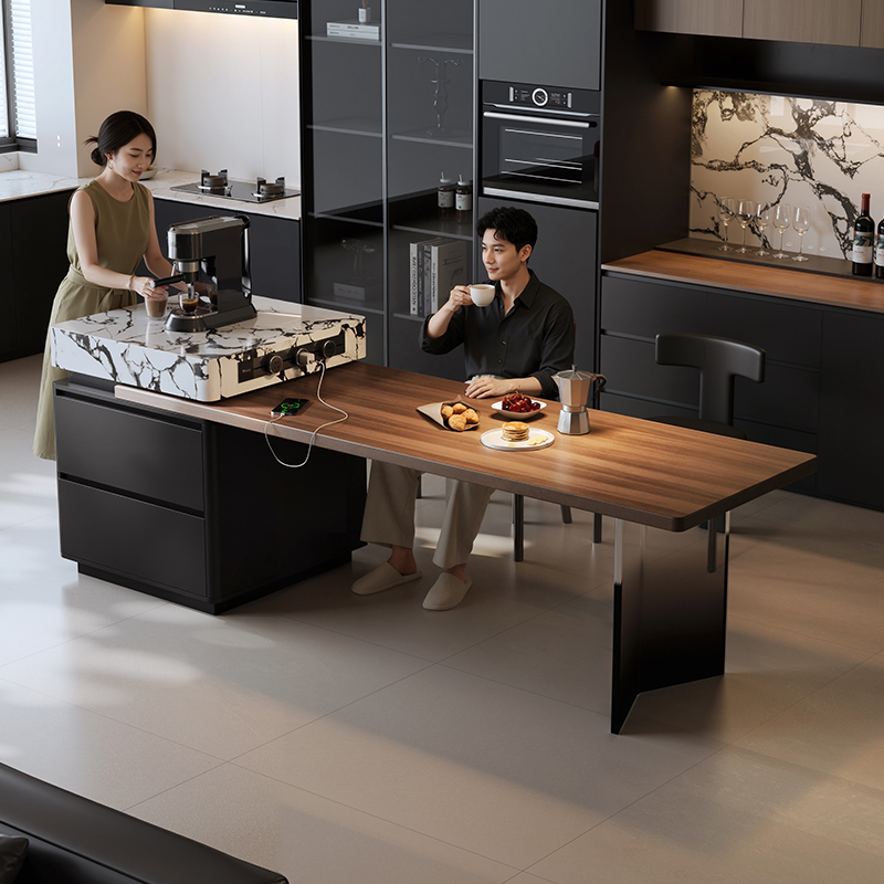 岛台餐桌可伸缩意式轻奢极简多功能客餐厅岛台餐桌一体