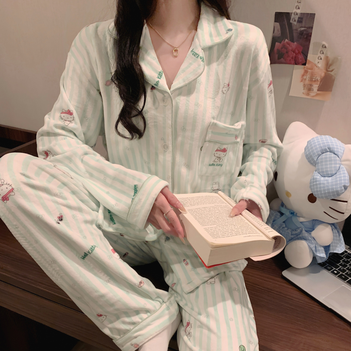 HelloKitty秋冬季海岛绒女士睡衣套装长袖加绒保暖网红甜美家居服